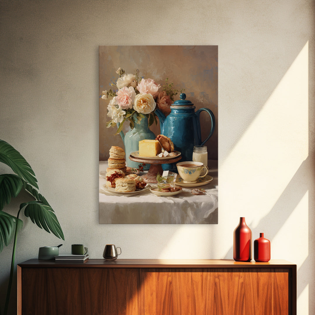 Tea and Scone Arrangement Framed Canvas Print, Bakery Art, Neutral Wall Art, Bakery Decor, Patisserie, Statement Artwork, BAK-2x3-28