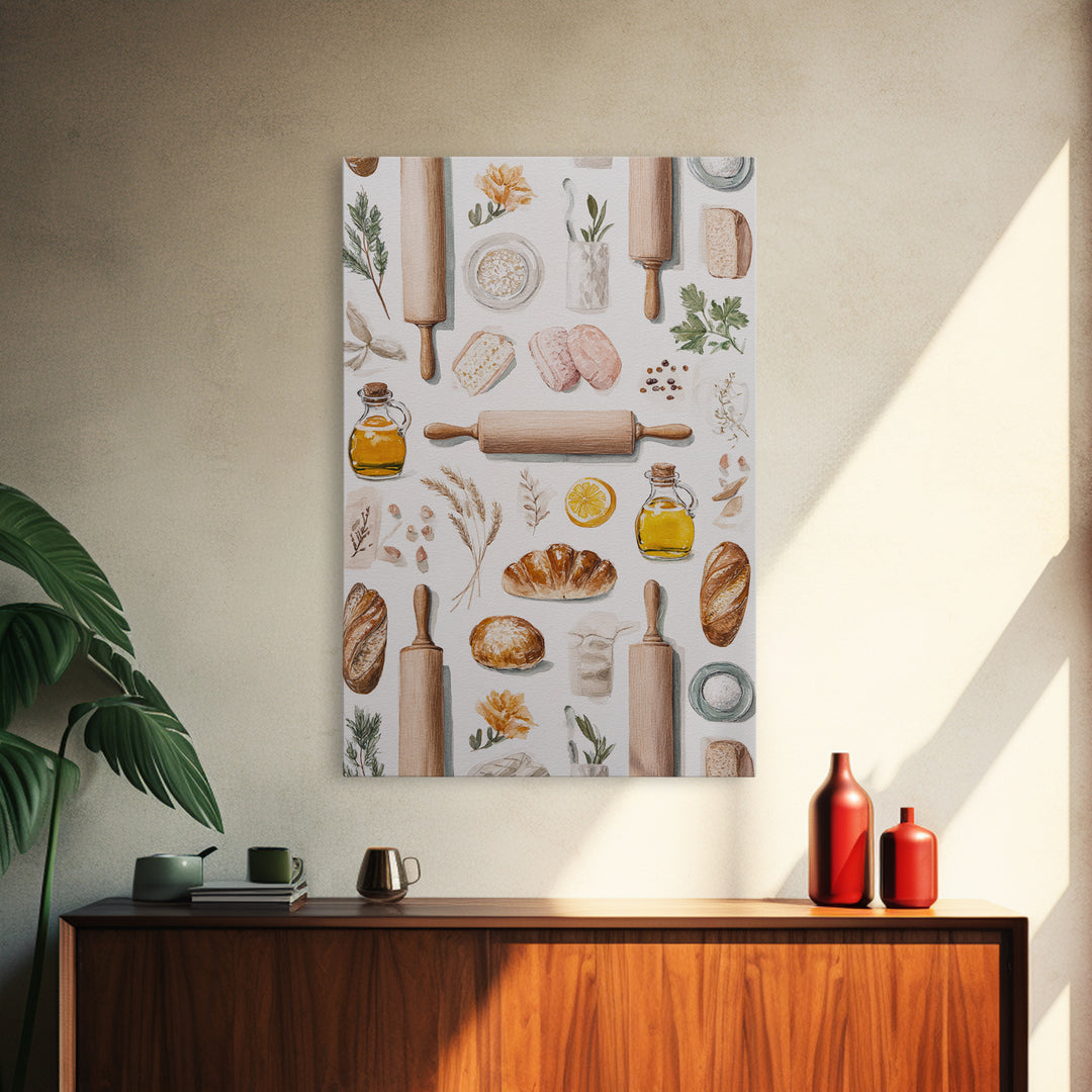 Patisserie Pattern of Rolling Pins and Pastries Canvas Print, Bakery Art, Printable Art, Bakery Decor, Watercolor Art, BAK-2x3-29