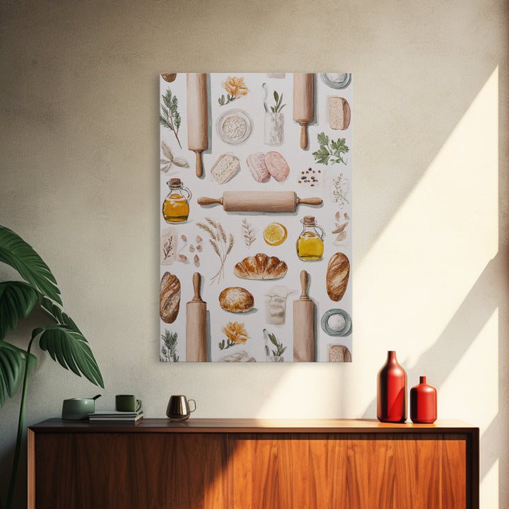 Patisserie Pattern of Rolling Pins and Pastries Canvas Print, Bakery Art, Printable Art, Bakery Decor, Watercolor Art, BAK-2x3-29
