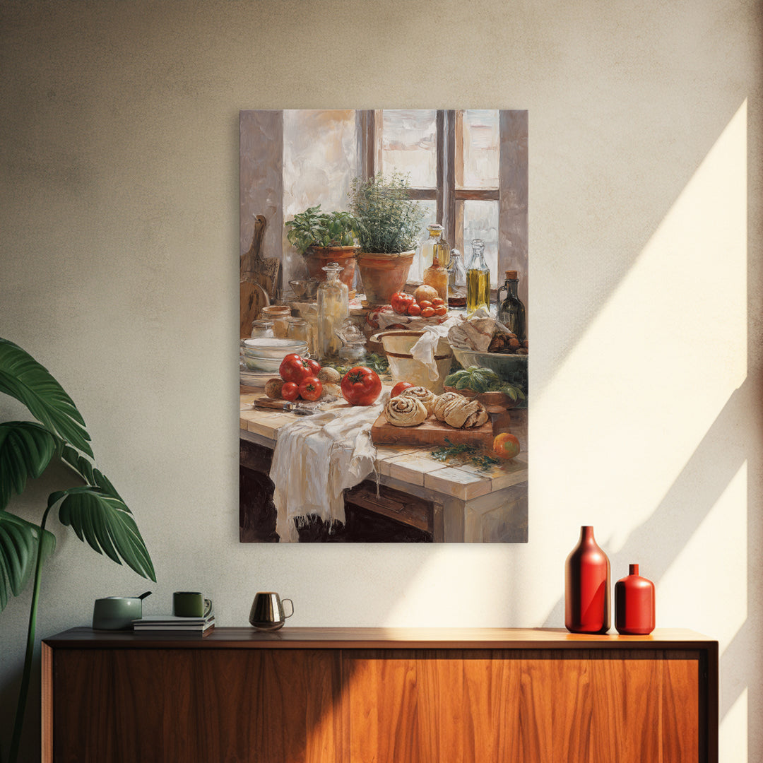 Cinnamon Rolls in a Warm Country Kitchen Framed Canvas Print, Bakery Art, Watercolor Painting, Bakery Decor, Patisserie, BAK-2x3-43