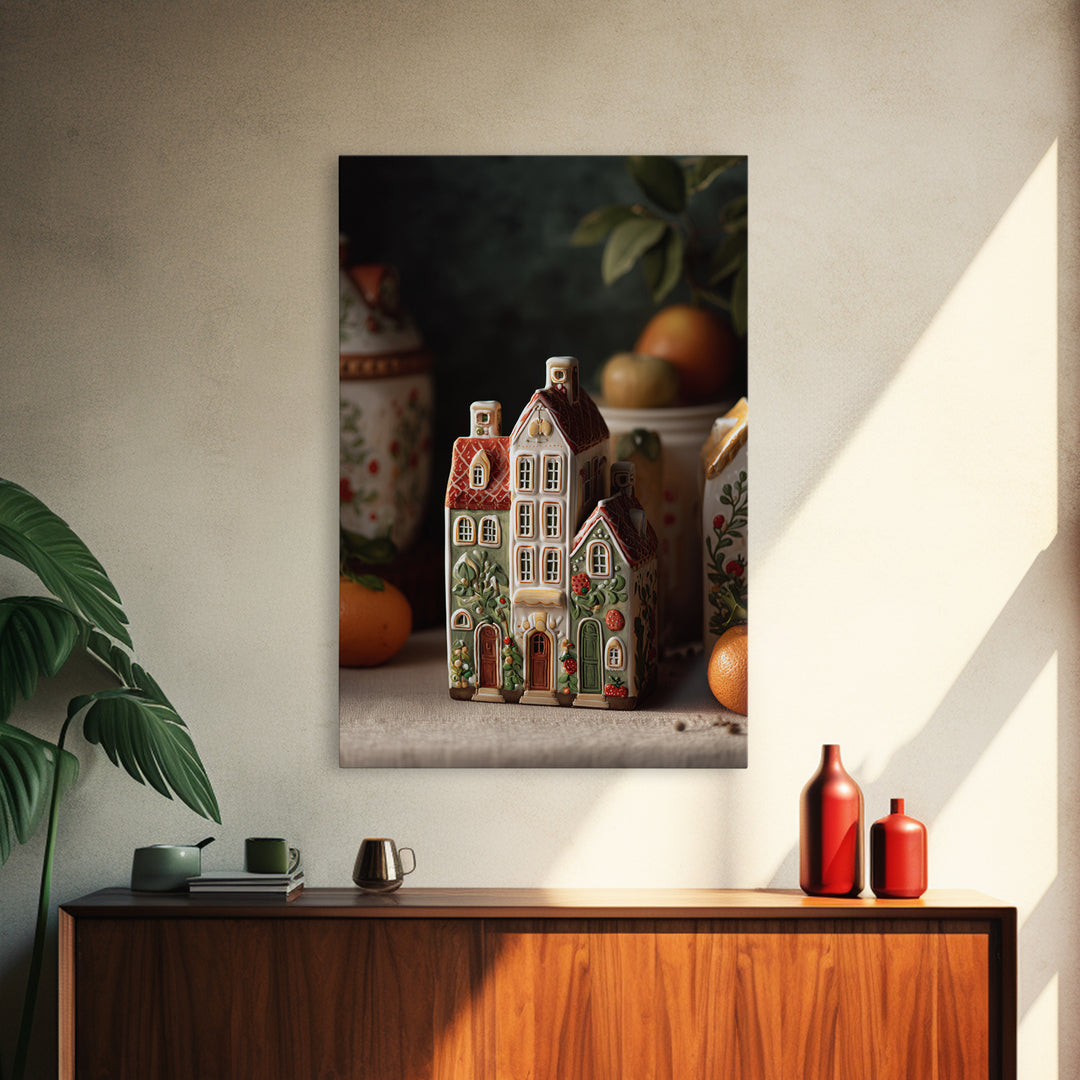 Gingerbread Houses in Charming Folk Art Style Framed Canvas Print, Bakery Art, Wall Decor, Bakery Decor, Fine Art, Patisserie, BAK-2x3-46