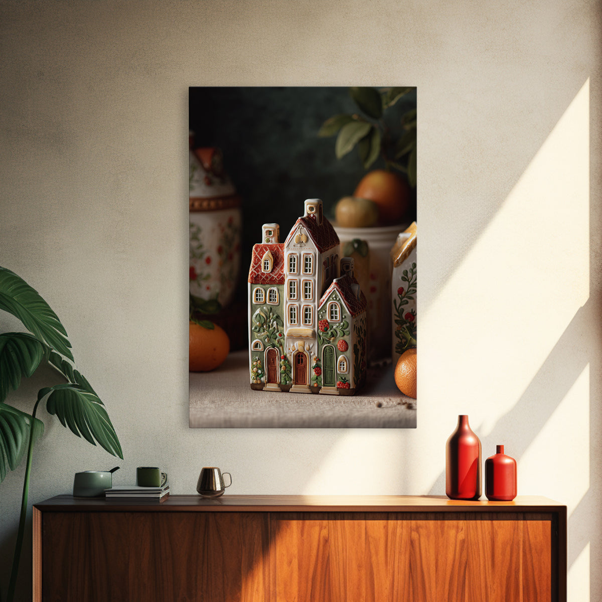 Gingerbread Houses in Charming Folk Art Style Framed Canvas Print, Bakery Art, Wall Decor, Bakery Decor, Fine Art, Patisserie, BAK-2x3-46