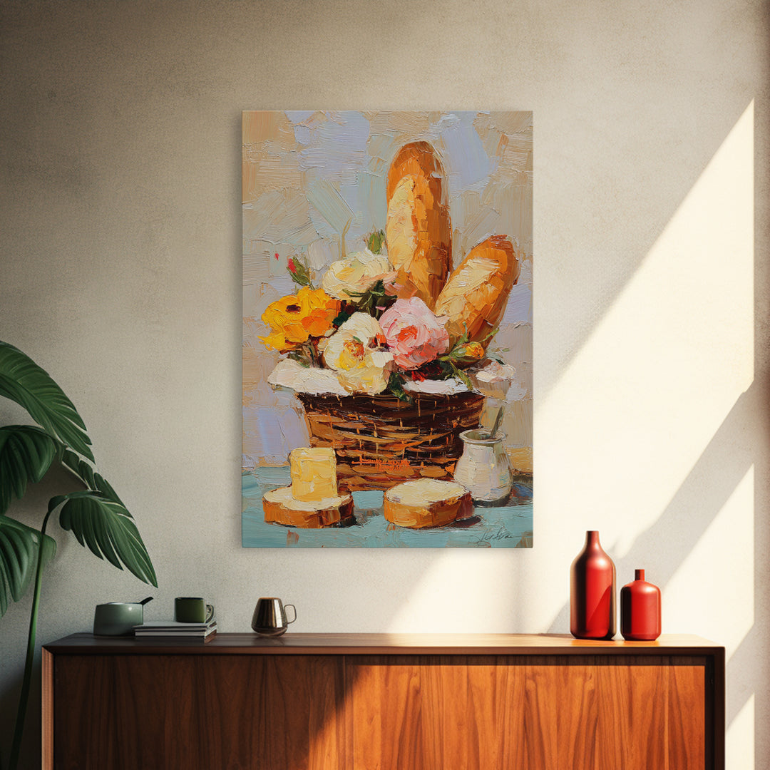 French Market Basket Filled Canvas Print, Bakery Art, Print, Bakery Decor, Oil Painting, Patisserie, Food Art, Kitchen Print, BAK-2x3-50
