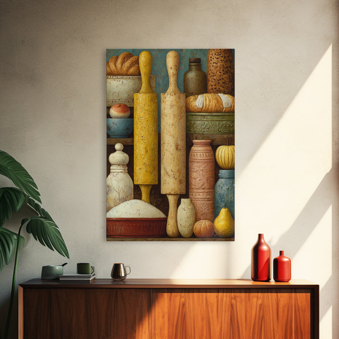 Patisserie Pattern of Rolling Pins and Pastries Framed Canvas Print, Bakery Art, Kitchen Prints, Bakery Decor, Oil Painting, BAK-2x3-53