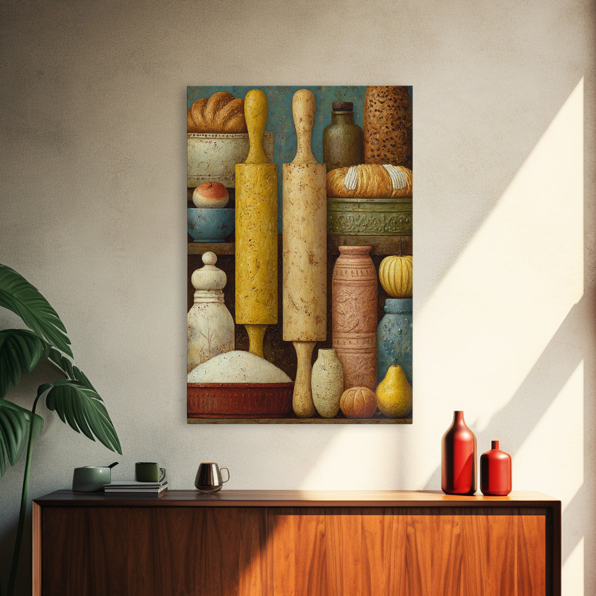 Patisserie Pattern of Rolling Pins and Pastries Framed Canvas Print, Bakery Art, Kitchen Prints, Bakery Decor, Oil Painting, BAK-2x3-53