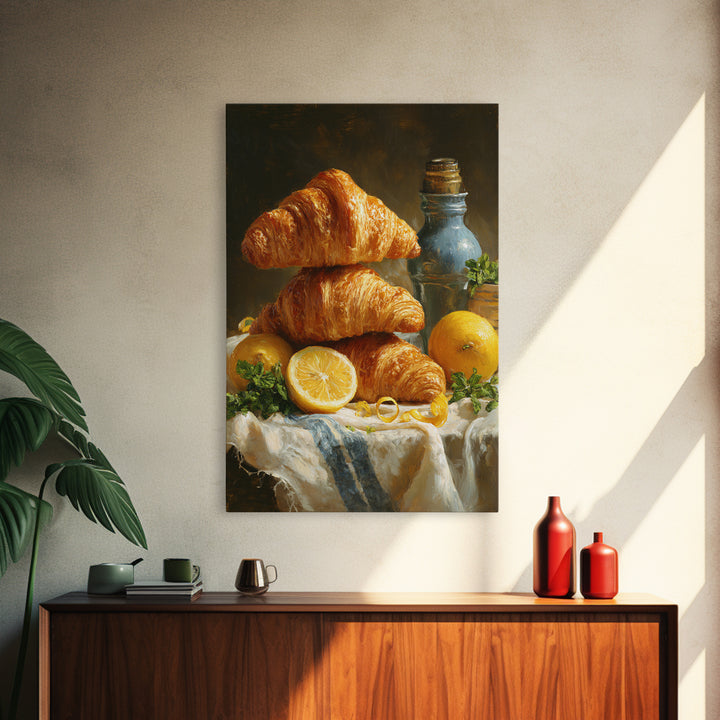 Buttery Croissants Stacked on Striped Linen Canvas Print, Bakery Art, Watercolor Print, Bakery Decor, Fine Art, Patisserie, BAK-2x3-57