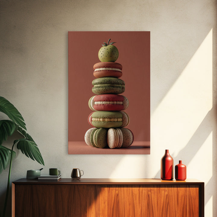 Single Perfect Macaron Tower Framed Canvas Print, Bakery Art, Kitchen Prints, Bakery Decor, Oil Painting, Patisserie, BAK-2x3-59