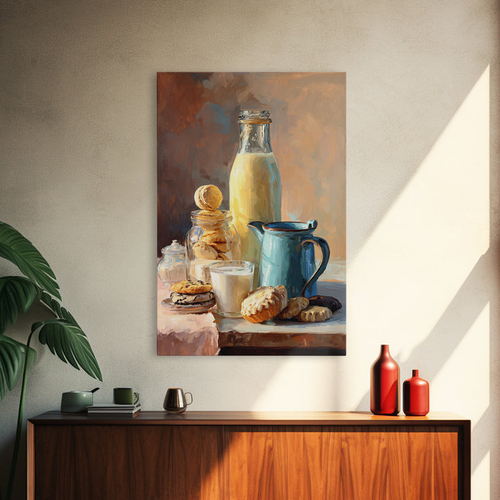 Milk Bottle and Cookies Nostalgic Still Life Framed Canvas Print, Bakery Art, Minimalist Decor, Bakery Decor, Patisserie, BAK-2x3-6