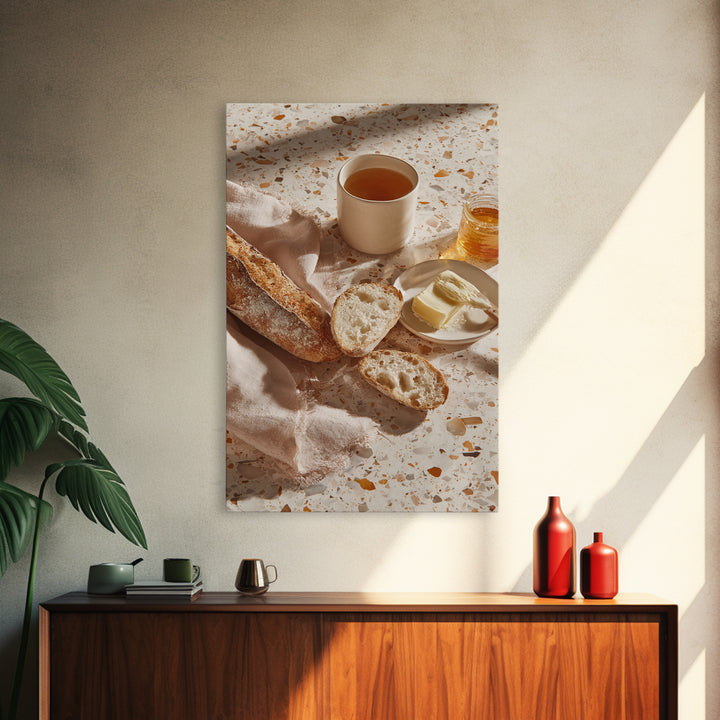 Baguette and Butter Still Life on Marble Framed Canvas Print, Bakery Art, Printable Wall Art, Bakery Decor, Patisserie, BAK-2x3-64