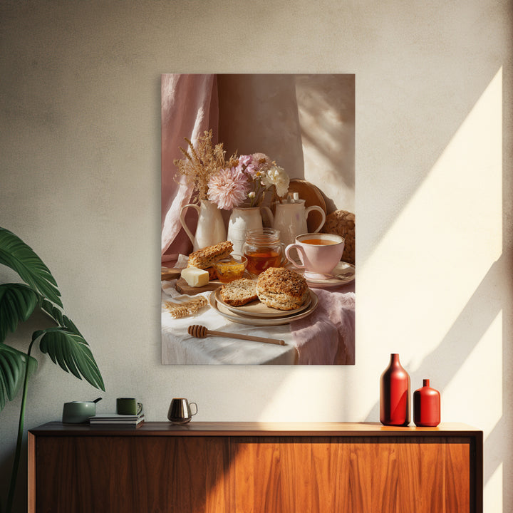 Tea and Scone Arrangement Framed Canvas Print, Bakery Art, Whimsical Wall Art, Bakery Decor, Fine Art, Patisserie, Luxury Decor, BAK-2x3-76