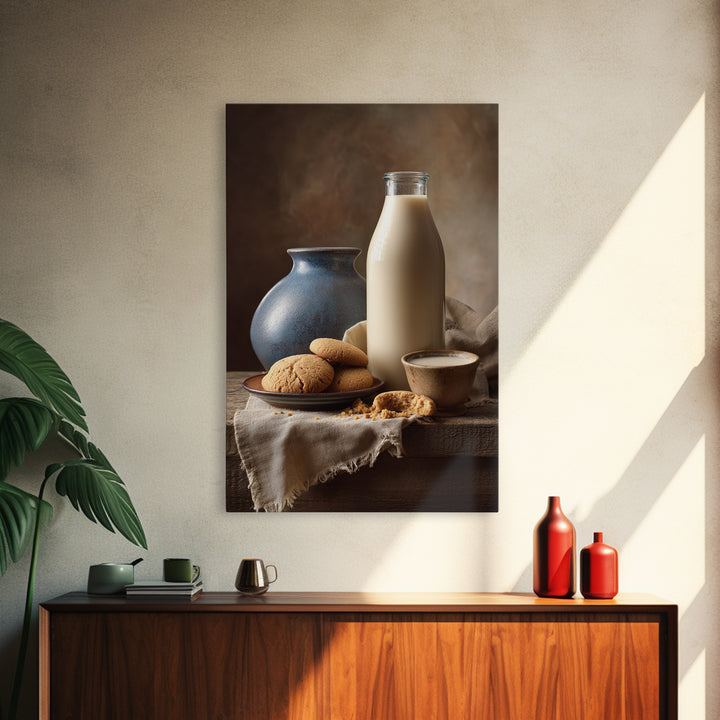 Milk Bottle and Cookies Nostalgic Still Life Framed Canvas Print, Bakery Art, Kitchen Art, Bakery Decor, Fine Art, Patisserie, BAK-2x3-78