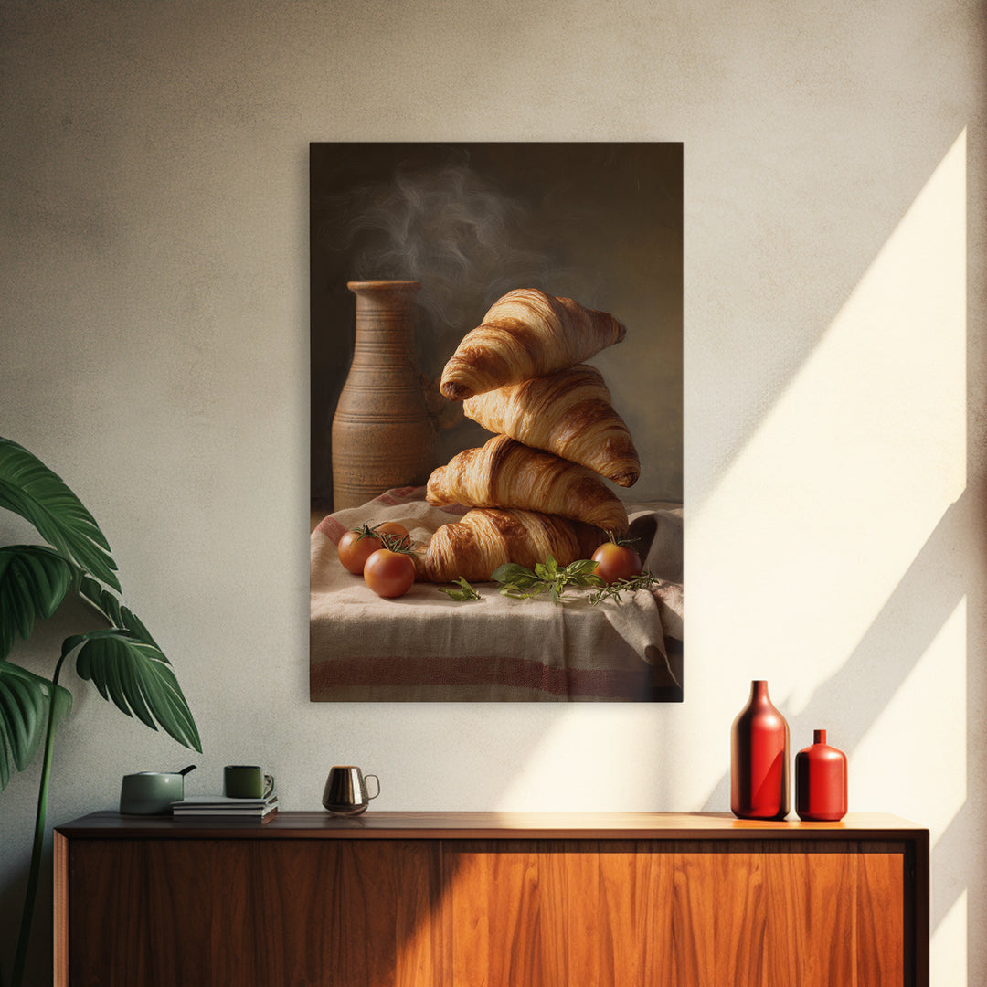 Buttery Croissants Stacked on Striped Linen Canvas Print, Bakery Art, Watercolor Print, Bakery Decor, Fine Art, Patisserie, BAK-2x3-81