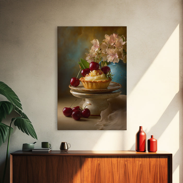 Cherry Tart Still Life Framed Canvas Print, Bakery Art, Neutral Wall Art, Bakery Decor, Fine Art, Patisserie, Statement Artwork, BAK-2x3-85