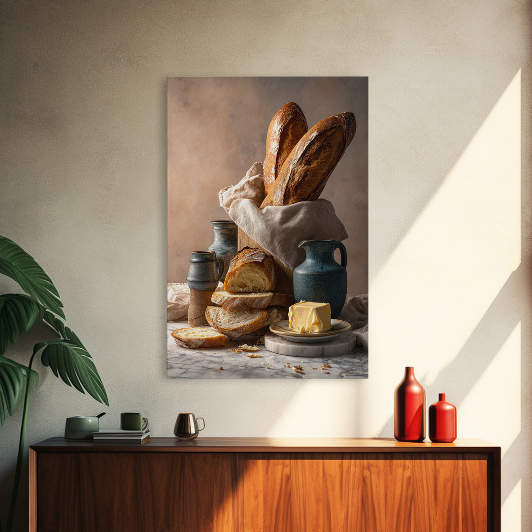 Baguette and Butter Still Life on Marble Framed Canvas Print, Bakery Art, Kitchen Print, Bakery Decor, Fine Art, Patisserie, BAK-2x3-88