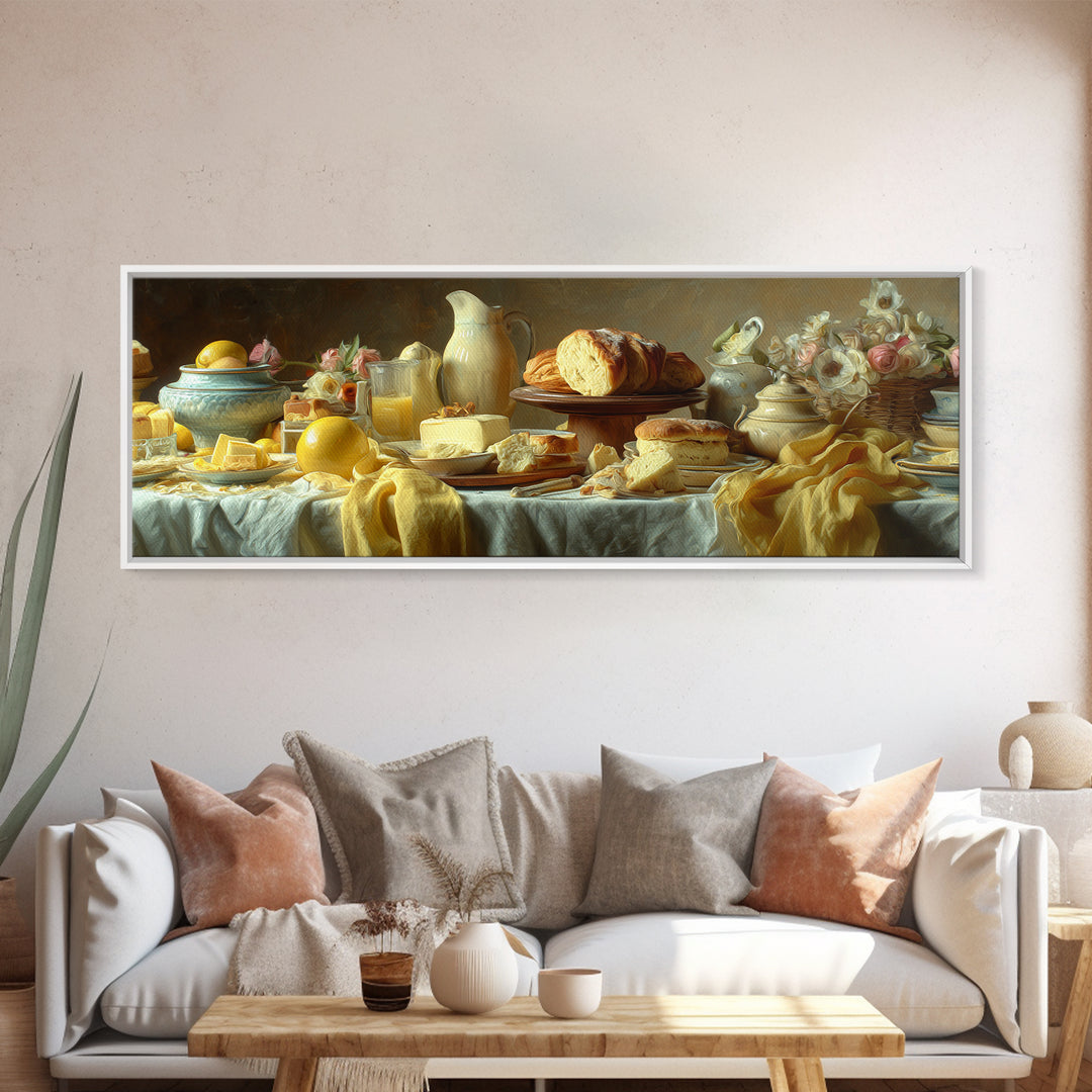 Tea and Scone Arrangement Framed Canvas Print, Bakery Art, Whimsical Wall Art, Bakery Decor, Fine Art, Patisserie, Luxury Decor, BAK-3x1-12