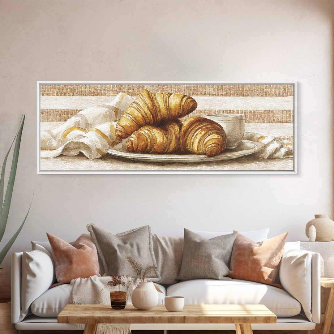 Buttery Croissants Stacked on Striped Linen Framed Canvas Print, Bakery Art, Dining Room Art, Bakery Decor, Abstract Art, BAK-3x1-17