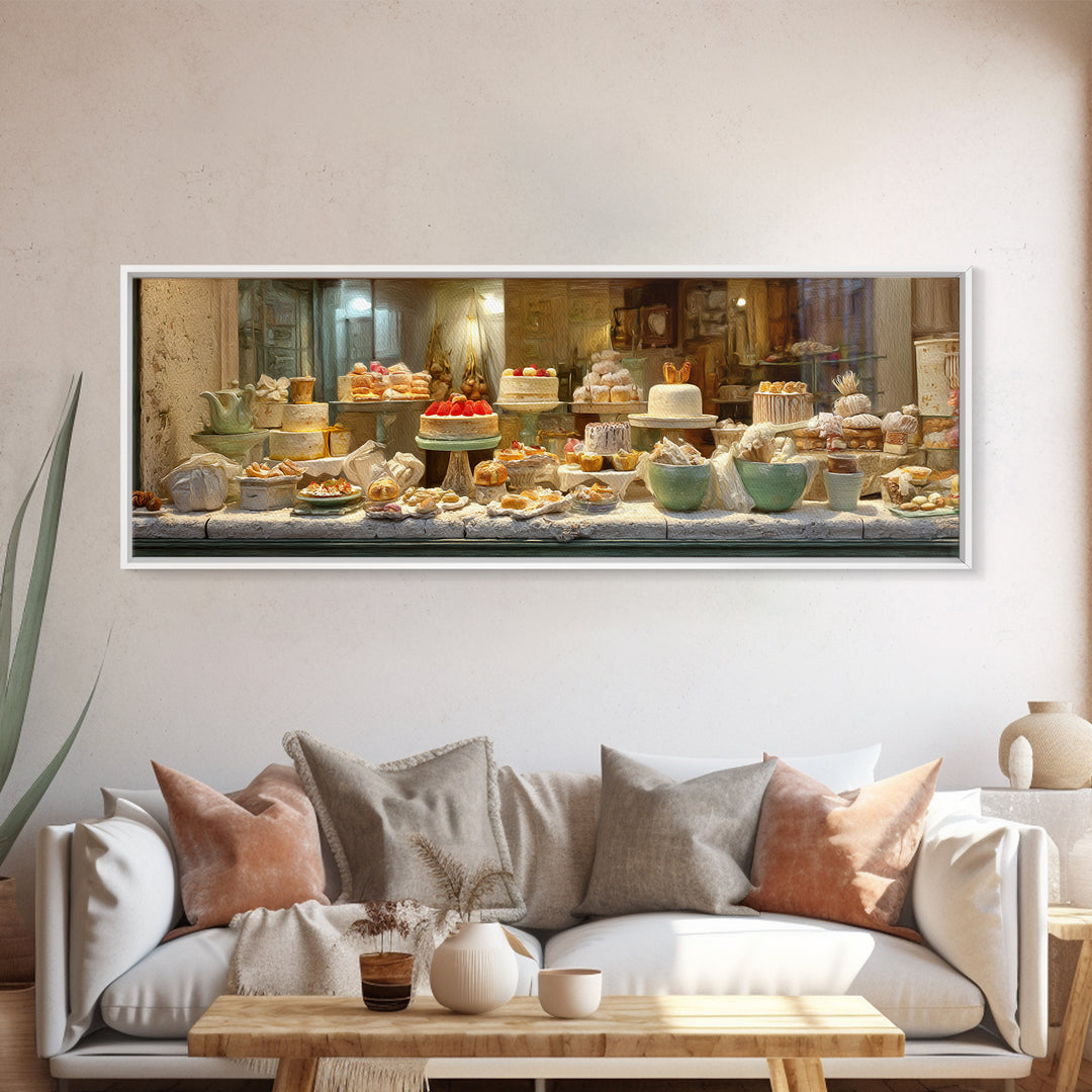 French Patisserie Window Display of Pastel Pastries Framed Canvas Print, Bakery Art, Watercolor Art, Bakery Decor, Patisserie, BAK-3x1-18