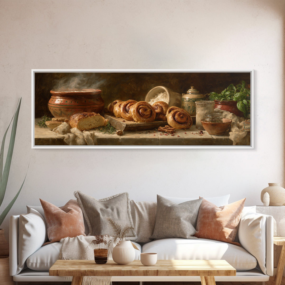 Cinnamon Rolls in a Warm Country Kitchen Framed Canvas Print, Bakery Art, Textured Painting, Bakery Decor, Fine Art, Patisserie, BAK-3x1-27