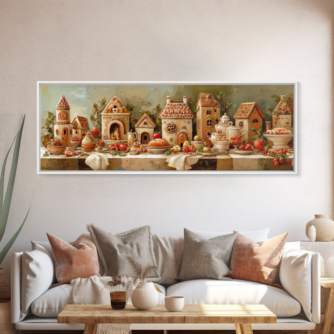 Gingerbread Houses in Charming Folk Art Style Canvas Print, Bakery Art, Printable Wall Art, Bakery Decor, Fine Art, Patisserie, BAK-3x1-30