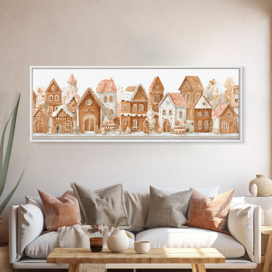 Gingerbread Houses in Charming Folk Art Style Canvas Print, Bakery Art, Kids Art, Bakery Decor, Fine Art, Patisserie, BAK-3x1-54