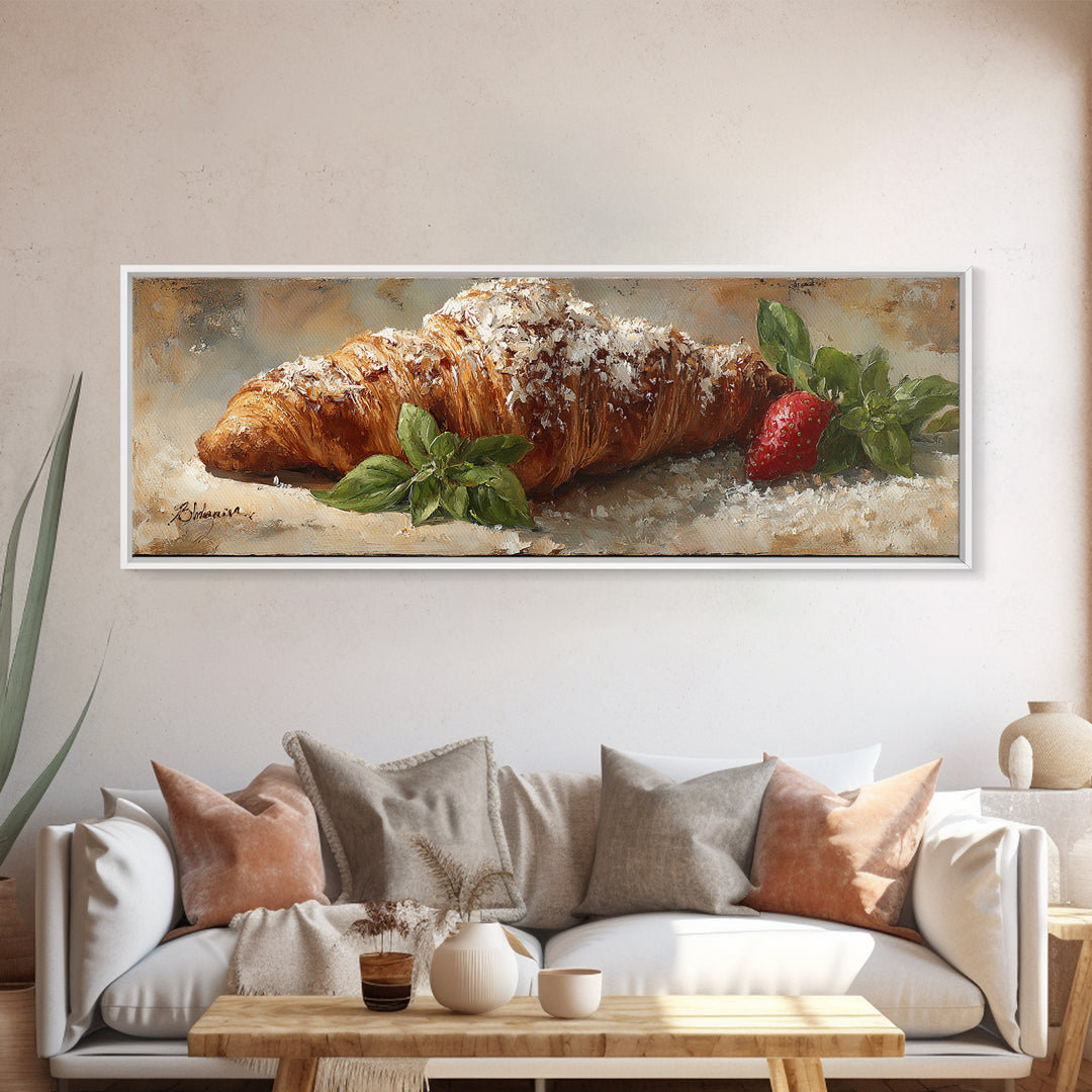 Almond Croissant Closeup Framed Canvas Print, Bakery Art, Print, Bakery Decor, Fine Art, Patisserie, Food Art, Kitchen Print, BAK-3x1-55