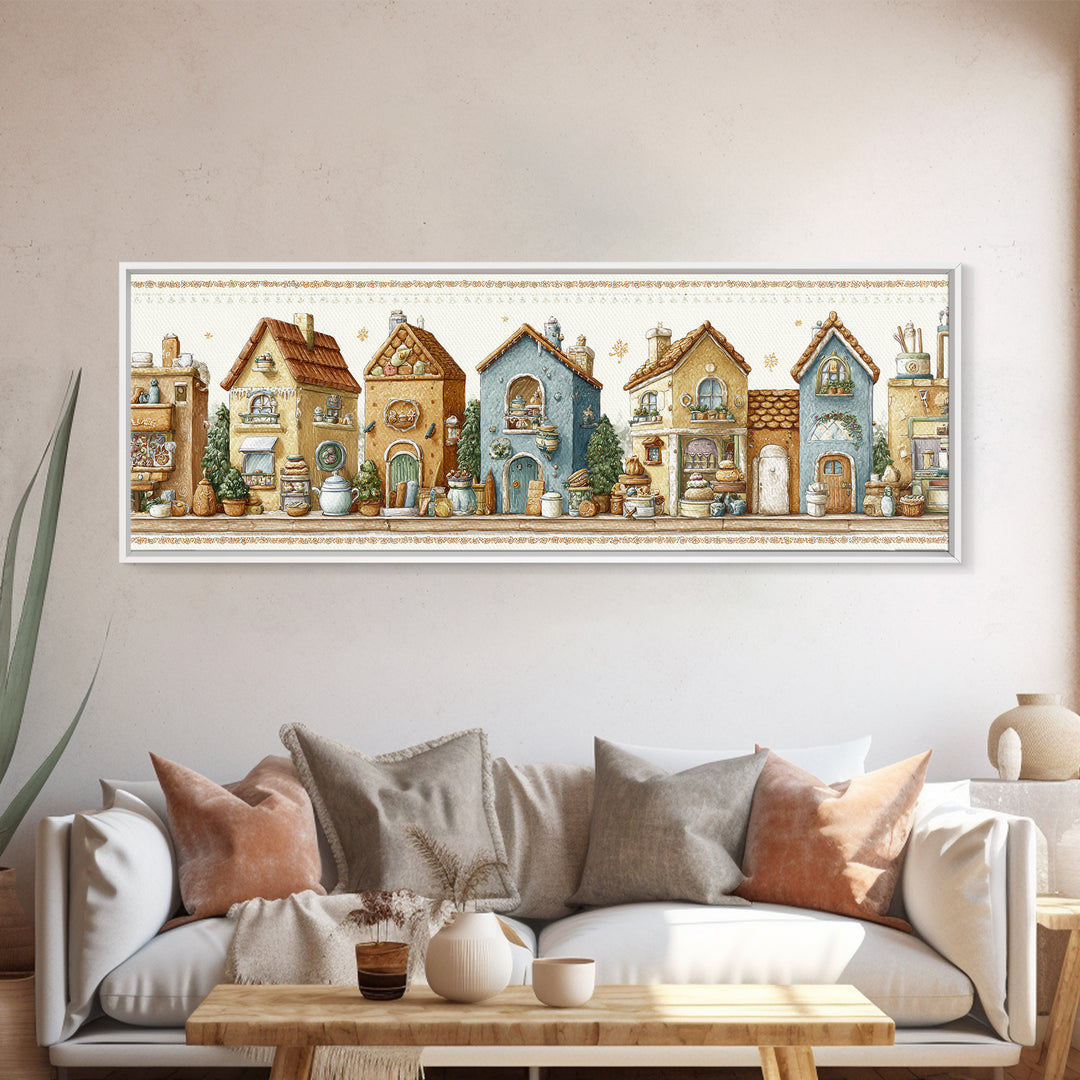 Gingerbread Houses in Charming Folk Art Style Canvas Print, Bakery Art, Whimsical Wall Art, Bakery Decor, Fine Art, Patisserie, BAK-3x1-6