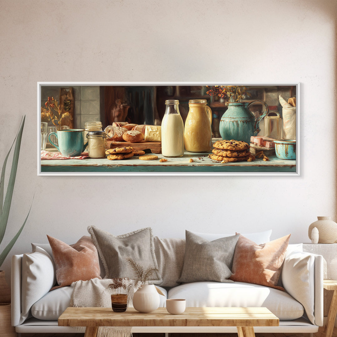Milk Bottle and Cookies Nostalgic Still Life Canvas Print, Bakery Art, Boho Decor, Bakery Decor, Oil Painting, Patisserie, BAK-3x1-62