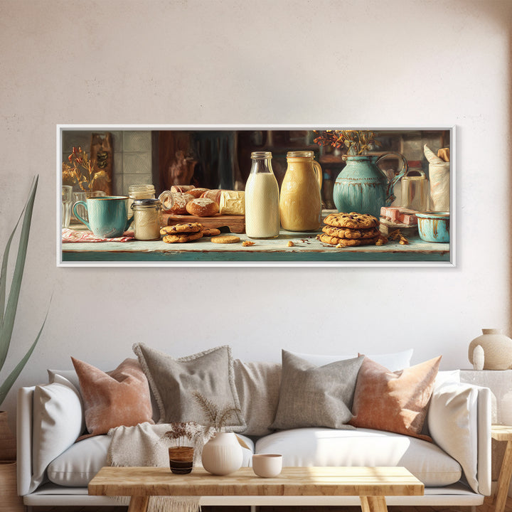 Milk Bottle and Cookies Nostalgic Still Life Canvas Print, Bakery Art, Boho Decor, Bakery Decor, Oil Painting, Patisserie, BAK-3x1-62