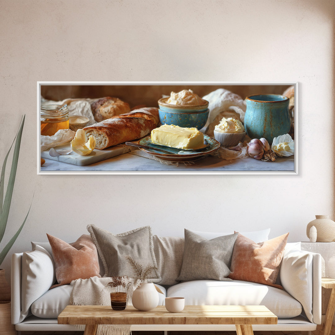 Baguette and Butter Still Life on Marble Framed Canvas Print, Bakery Art, Wall Decor, Bakery Decor, Fine Art, Patisserie, BAK-3x1-72