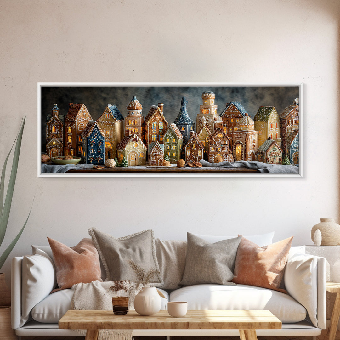 Gingerbread Houses in Charming Folk Art Style Canvas Print, Bakery Art, Digital Print, Bakery Decor, Fine Art, Patisserie, BAK-3x1-78