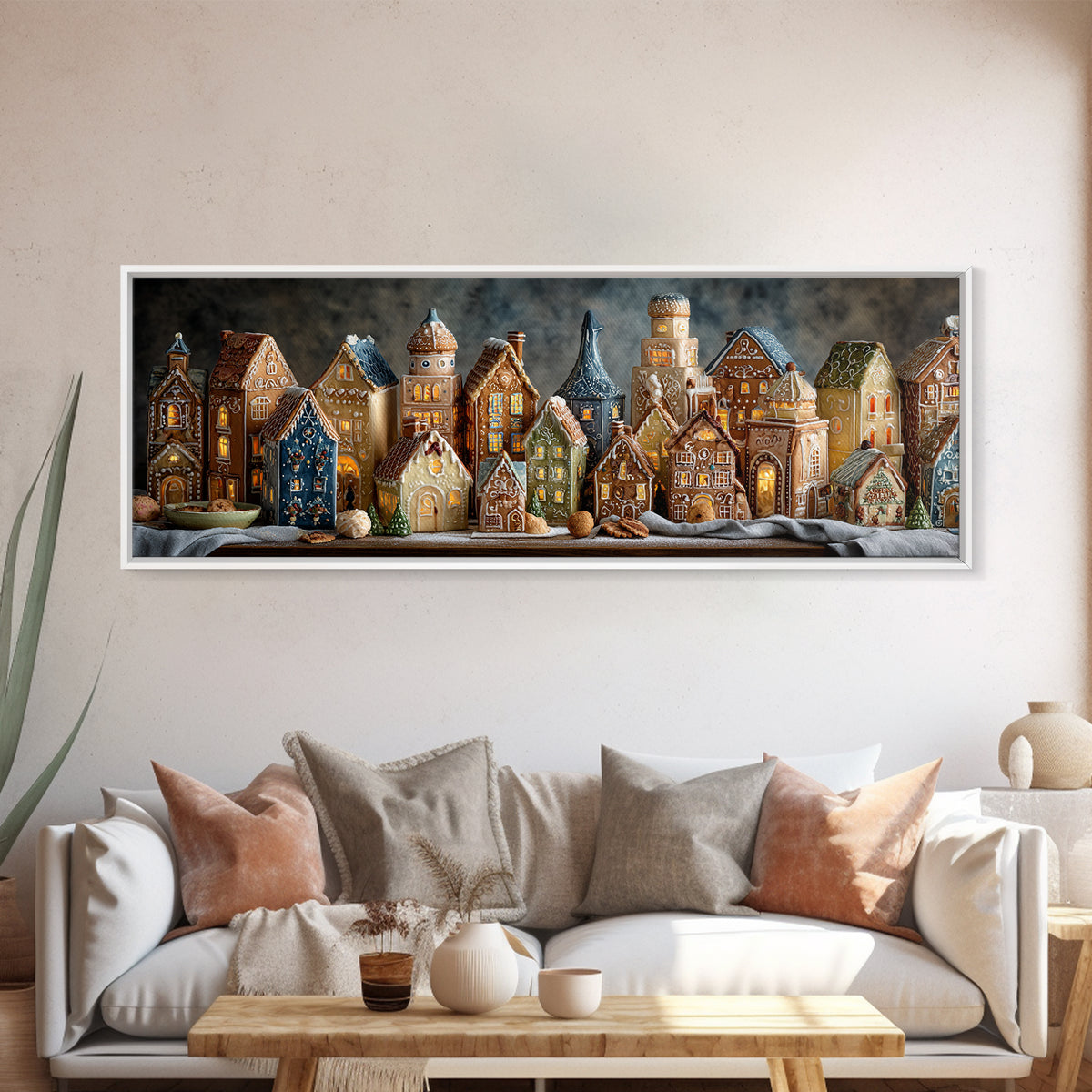 Gingerbread Houses in Charming Folk Art Style Canvas Print, Bakery Art, Digital Print, Bakery Decor, Fine Art, Patisserie, BAK-3x1-78