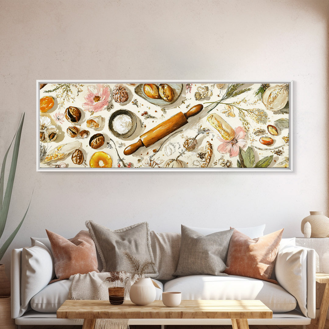 Patisserie Pattern of Rolling Pins and Pastries Canvas Print, Bakery Art, Bakery, Bakery Decor, Oil Painting, Patisserie, BAK-3x1-85