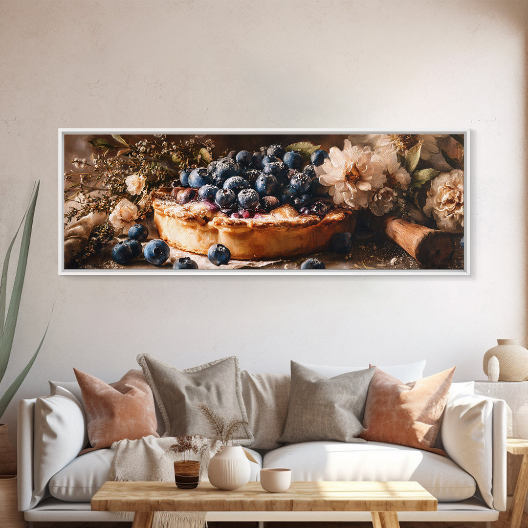 Blueberry Galette with Rustic Farmhouse Texture Framed Canvas Print, Bakery Art, Watercolor Painting, Bakery Decor, Patisserie, BAK-3x1-87