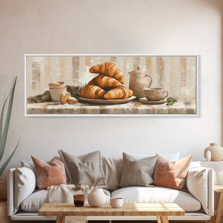 Buttery Croissants Stacked on Striped Linen Framed Canvas Print, Bakery Art, Boho Decor, Bakery Decor, Fine Art, Patisserie, BAK-3x1-89