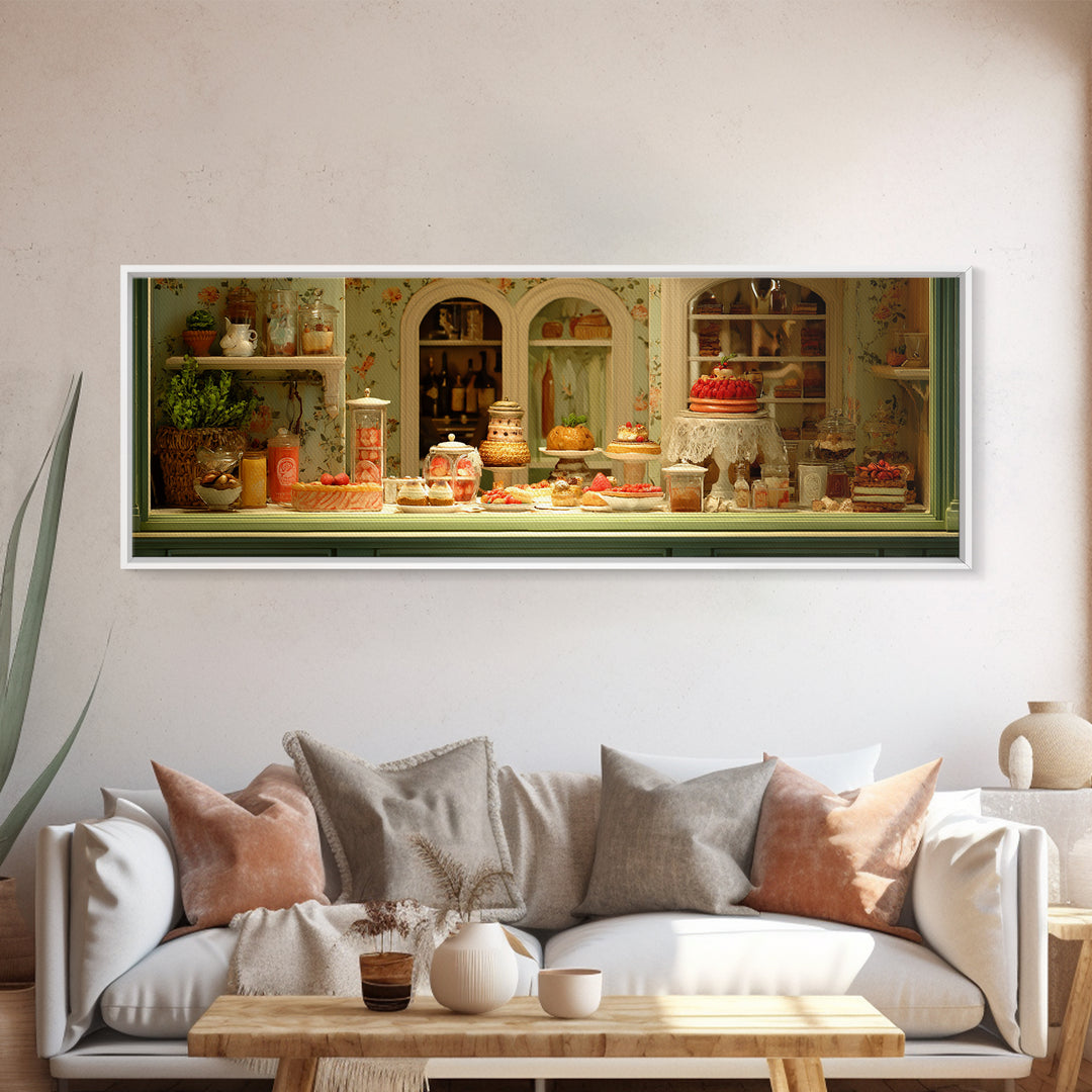 French Patisserie Window Display of Pastel Pastries Canvas Print, Bakery Art, Whimsical Wall Art, Bakery Decor, Patisserie, BAK-3x1-90