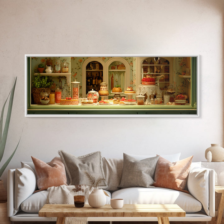 French Patisserie Window Display of Pastel Pastries Canvas Print, Bakery Art, Whimsical Wall Art, Bakery Decor, Patisserie, BAK-3x1-90