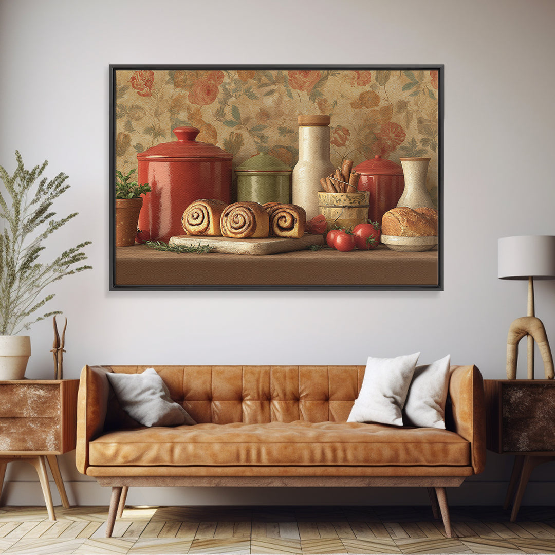 Cinnamon Rolls in a Warm Country Kitchen Framed Canvas Print, Bakery Art, Digital Download Art, Bakery Decor, Patisserie, BAK-3x2-15