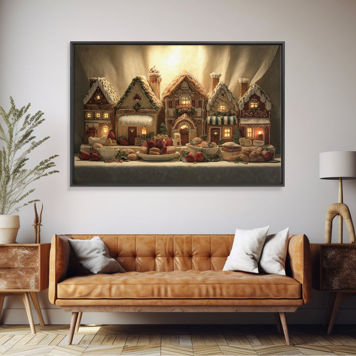 Gingerbread Houses in Charming Folk Art Style Framed Canvas Print, Bakery Art, Watercolor Art, Bakery Decor, Patisserie, BAK-3x2-18