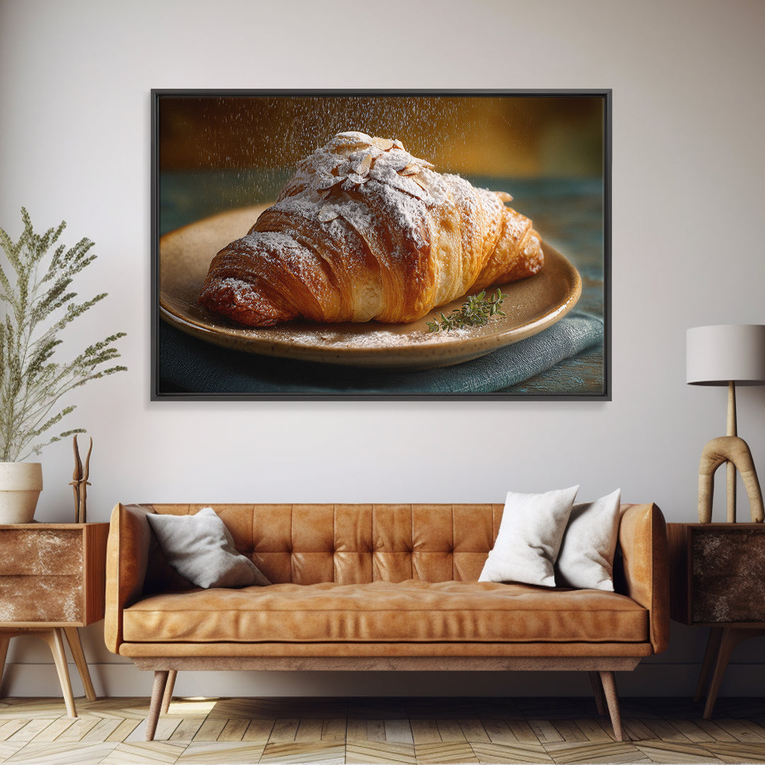 Almond Croissant Closeup Framed Canvas Print, Bakery Art, Statement Artwork, Bakery Decor, Fine Art, Patisserie, Art Print, BAK-3x2-19