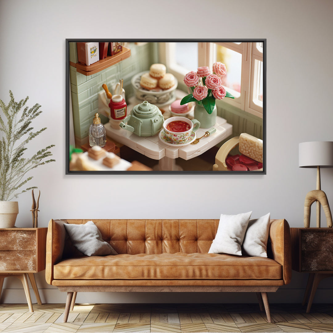 Tea and Scone Arrangement Framed Canvas Print, Bakery Art, Whimsical Wall Art, Bakery Decor, Fine Art, Patisserie, Luxury Decor, BAK-3x2-24