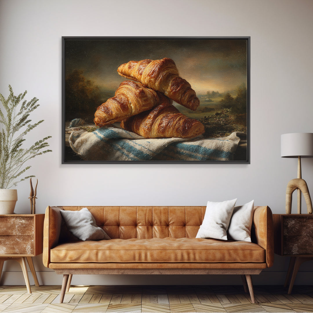 Buttery Croissants Stacked on Striped Linen Canvas Print, Bakery Art, Modern Decor, Bakery Decor, Abstract Art, Patisserie, BAK-3x2-29