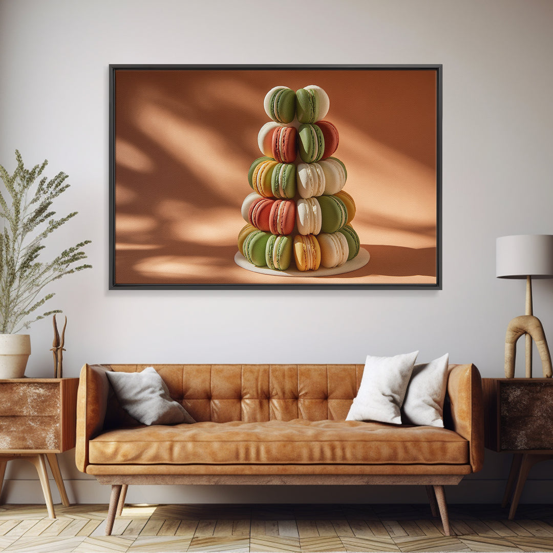 Single Perfect Macaron Tower Framed Canvas Print, Bakery Art, Statement Artwork, Bakery Decor, Fine Art, Patisserie, Art Print, BAK-3x2-31