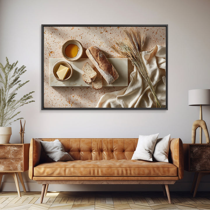 Baguette and Butter Still Life on Marble Framed Canvas Print, Bakery Art, Kids Art, Bakery Decor, Fine Art, Patisserie, BAK-3x2-36