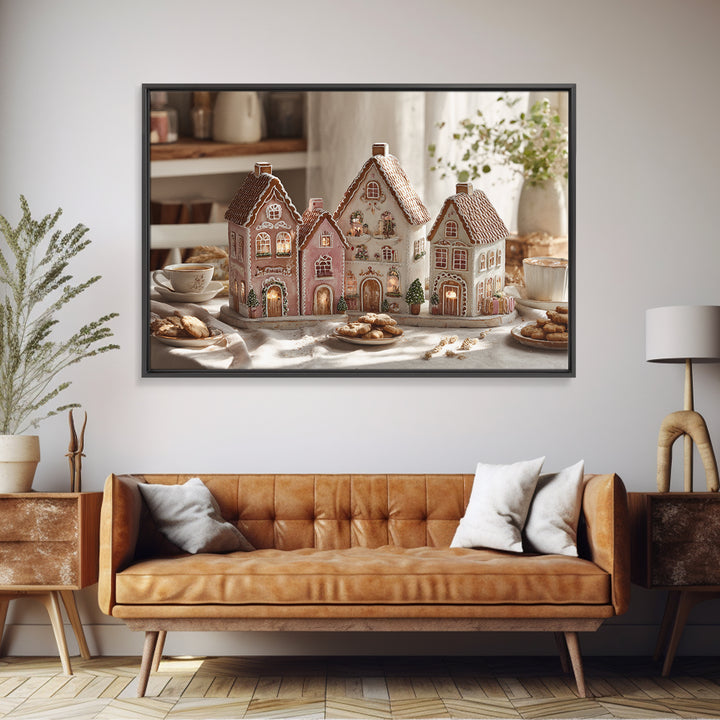 Gingerbread Houses in Charming Folk Art Style Canvas Print, Bakery Art, Digital Download Art, Bakery Decor, Patisserie, BAK-3x2-42