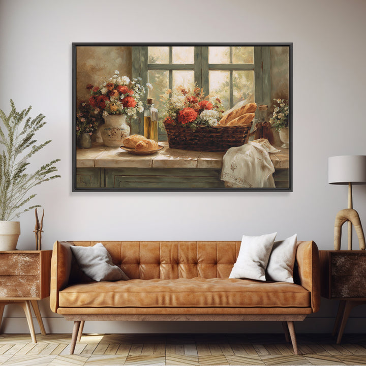 French Market Basket Filled Framed Canvas Print, Bakery Art, Kitchen Art Print, Bakery Decor, Patisserie, Modern Decor, BAK-3x2-46