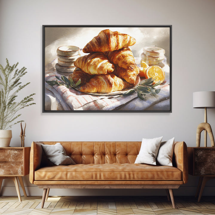 Buttery Croissants Stacked on Striped Linen Framed Canvas Print, Bakery Art, Fine Art, Bakery Decor, Patisserie, BAK-3x2-5