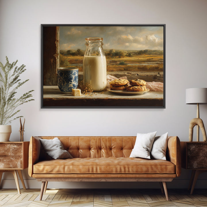 Milk Bottle and Cookies Nostalgic Still Life Framed Canvas Print, Bakery Art, Watercolor Print, Bakery Decor, Oil Painting, BAK-3x2-50