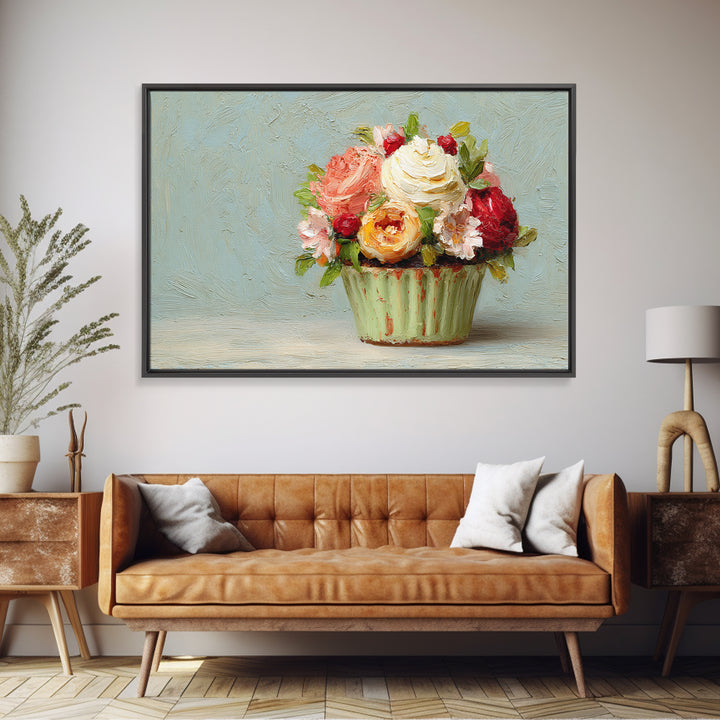 Cupcake Bouquet Painted Framed Canvas Print, Bakery Art, Kitchen Wall Art, Bakery Decor, Oil Painting, Patisserie, BAK-3x2-59