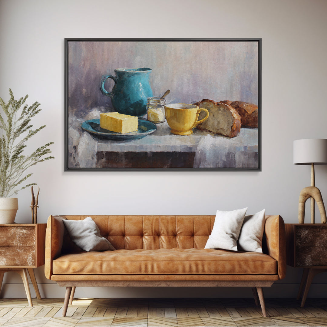 Baguette and Butter Still Life on Marble Framed Canvas Print, Bakery Art, Textured Painting, Bakery Decor, Fine Art, Patisserie, BAK-3x2-60