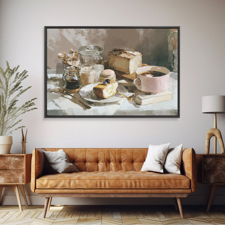 Painterly Eclair and Coffee Still Life Framed Canvas Print, Bakery Art, Bakery Decor, Abstract Art, Patisserie, BAK-3x2-64
